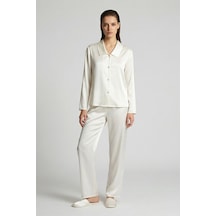 Amoris Ekru Uzun Saten Pijama Takımı