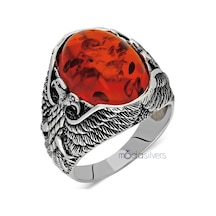 Baltık Kehribar Taşlı Çift Başlı Kartal Desenli Gümüş Erkek Yüzük