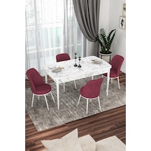 Canisa Kor Serisi 70x114 Açılabilir Mutfak Masası Takımı Beyaz Mermer Desen Masa 4 Bordo Sandalye Masa Beyaz Mermer Desenli Sandalyeler Bordo