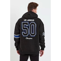 Erkek Baskılı Kapşonlu Üç İplik Oversize Sweatshirt - Siyah Siyah
