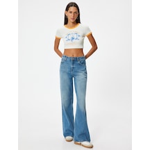Koton Crop Tişört Yaz Temalı Baskılı Biyeli Bisiklet Yaka Kısa Kollu Slim Fit Ekru 4sal11136ık Ekru