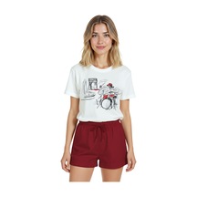 Kadın Beyaz Relaxed Fit %100 Pamuk Tişört Çizgisel Davulcu & Şe Beyaz