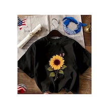 Herkesemoda Ayçiçek Baskı Detaylı Basic T-shirt Siyah