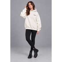 Genel Markalar Unisex Oversize Pikeli Double Face Kapüşonlu Sweatshirt Ekru