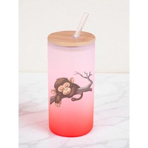 Maymun Baskılı 600 Ml Cam Matara- Su Matarası, Suluk Matara, Cam Pipetli Matara Kırmızı