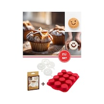 12'li Silindir Muffin Kek Kalıbı Ve Pasta Süsleme Şablonu, Kahve, Tatlı Şekillendirici Süsleme Aparatı İkili Set
