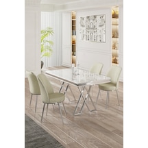 Canisa Vals Serisi 80x130 Lak Panel Beyaz Mermer Desen Masa Takımı Krom Ayaklı 4 Krem Sandalye Beyaz Mermer Desen Masa Sandalyeler Krem