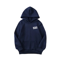 Unisex Oversize Şardonlu Kışlık Limited Edition Minimal Baskılı Kapüşonlu Sweatshirt - Lacivert Lacivert