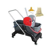 Çift Kovalı Temizlik Arabası - Temizlik Seti Mop Ve Aparatı - 3 Parça Paspas Arabası - 25 Litre - Siyah