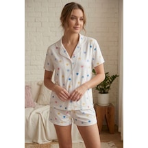 Fit Women Renkli Kalp Desenli Düğmeli Şortlu Pijama Takımı 4610 -beyaz