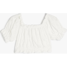 Koton Crop Bluz Balon Kol Fisto Detaylı Ekru 4skg10040ak Ekru