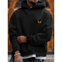 Alien Logo Sweatshirt - Siyah Baskılı Oversize Kapüşonlu Siyah