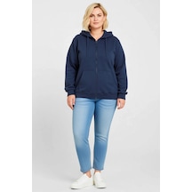 Ersefa Kadın Büyük Beden Sweatshirt Üç İplik İçi Şardonlu Kapüşonlu Tam Lacivert