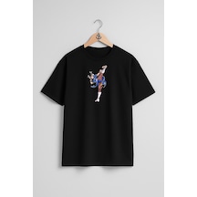 Oversize Chun-li Cammy Street Fighter Göğüs Tasarımlı Unisex T-shirt Siyah
