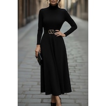 Efnaz Style Kadın Uzun Kollu Balıkçı Yaka Uzun Akrilik Elbise Siyah