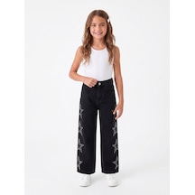 Onloox Kız Çocuk Siyah Kız Çocuk Siyah Pamuklu Denim Geniş Paça Regular Taşlı Yıldız Baskılı Jean Pantolon 5-7 Yaş