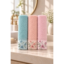 Bahar Dalı Çiçek Nakışlı El Yüz Havlusu 50x90 Cm 3 Lü Set %100 Pamuk - Coral Breeze Çok Renkli