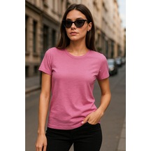 Kadın %100 Organik Pamuklu Relaxed Yıkamalı T-shirt Bisiklet Yaka Kısa Kollu Kadın Basic Tişört Fuşya