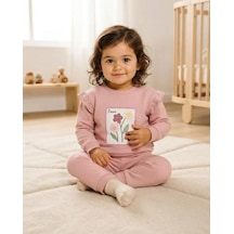 Betüş Kids Wear Alt Üst Takım Kız Bebek Pudra Çiçek Baskılı Fırfır Detaylı 2 Parça