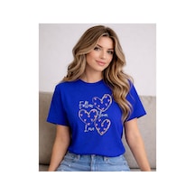 Herkesemoda Follow You Love Baskı Detaylı Kadın Bisiklet Yaka Pamuklu T-shirt Mavi
