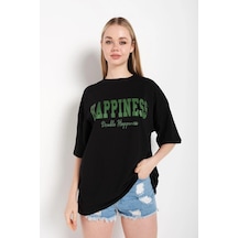Startmore Kadın Siyah Happıness Baskılı Oversize Tshirt Siyah