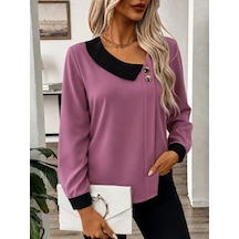 Suma Kadın Uzun Kollu Asimetrik Yaka Düğmeli İthal Krep Bluz Pembe