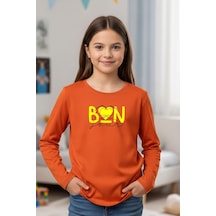 Yuvarlak Yaka Kalp Baskı Detaylı Kız Çocuk Sweatshirt Turuncu