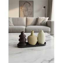 Tepsili 3 Lü Tüylü Yüzey Dekoratif Vazo Seti Modern Salon Dekoru Bej