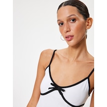 Koton Fiyonk Detaylı Askılı Crop Top Renk Kontrastlı Pamuklu Slim Fit Ekru 4sal30125ık Ekru