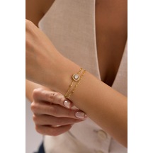 925 Ayar Gümüş Gold Kaplama Çift Zincirli 6 Mm Tektaş Yuvarlak Model Bileklik