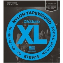 D'addario Etb92-5 Xl Nylon Tapewound 5 Telli Bas Gitar Tel Seti - 50-135 Medium Profesyonel Siyah Naylon Sargı, Sıcak Ve Perküsyif Ton, Pürüzsüz Yüzey Ve Uzun Ömürlü Yapı