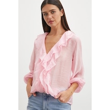 Never More Önü Fırfırlı V Yaka Bluz Pembe