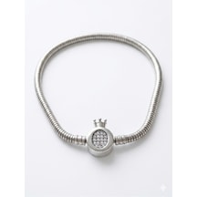 Kadın Charm İçin Uygun Taşlı Taç Model Çelik Bileklik19 Cm Silver
