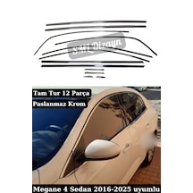 Renault Megane 4 Sedan 2016-2025 Uyumlu 12 Parça Paslanmaz Krom Cam Çıtası - Tam Tur Set