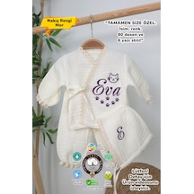 Gros Shop Müslin Yeni Doğan 4katlı Organik %100pamuk Kişiye Özgü Nakışlı Hastane Çıkış Seti Pati Model-2 Ekru