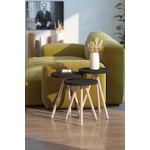 3'lü Zigon Sehpa Seti Saksılık Ve Çiçeklik Standı, Dekoratif Yan Sehpa Ahşap Ayaklı 33 Cm Çap - Siyah Siyah