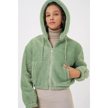 Bigdart 5193 Kapüşonlu Peluş Crop Ceket - E. Yeşil