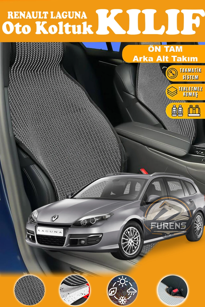 Renault Laguna Uyumlu Siyah Prestij Serisi Dokuma Kumaş Oto Koltuk Kılıfı Ön Tam Arka Alt
