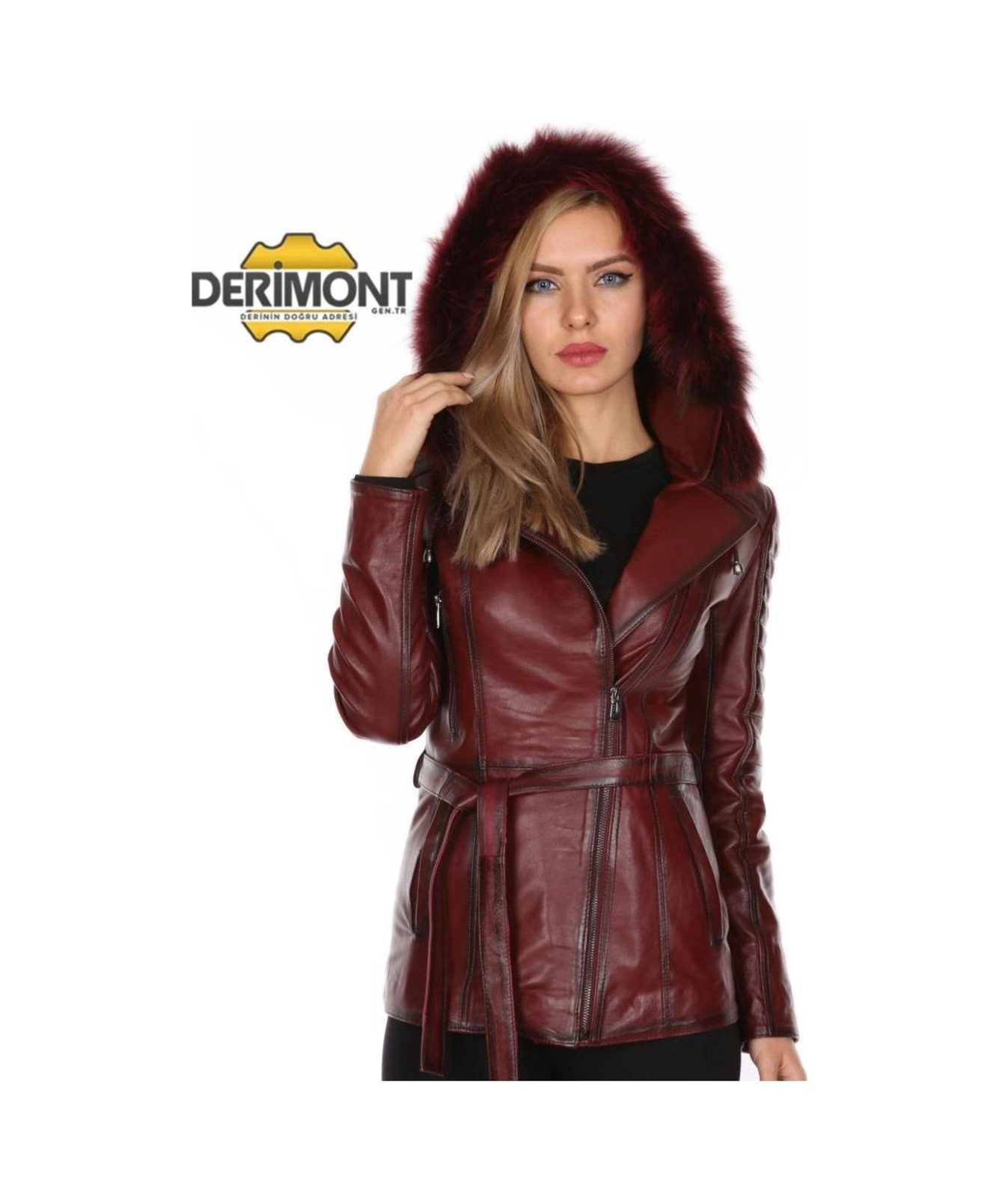 Deriwork Hakiki Kuzu Derisi Bordo Kemerli Kürklü Kadın Ceket Bordo