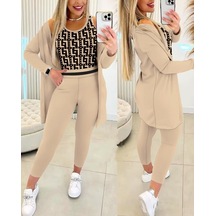 Efnaz Style Kadın Uzun Kollu Krep Üçlü Takım Bej