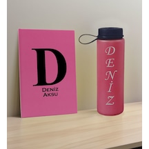 Bk Gift Kişiye Özel İsimli Pembe Defter Ve Fuşya Cam Matara Hediye Seti-5, Sevgiliye Hediye, Arkadaşa Hediye, Yeni İş Hediyesi