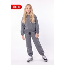 Panios Kids 3 İplik Kız Çocuk Düz Kısa Bel Sweatshirt Bisiklet Yaka Eşofman Takımı Füme