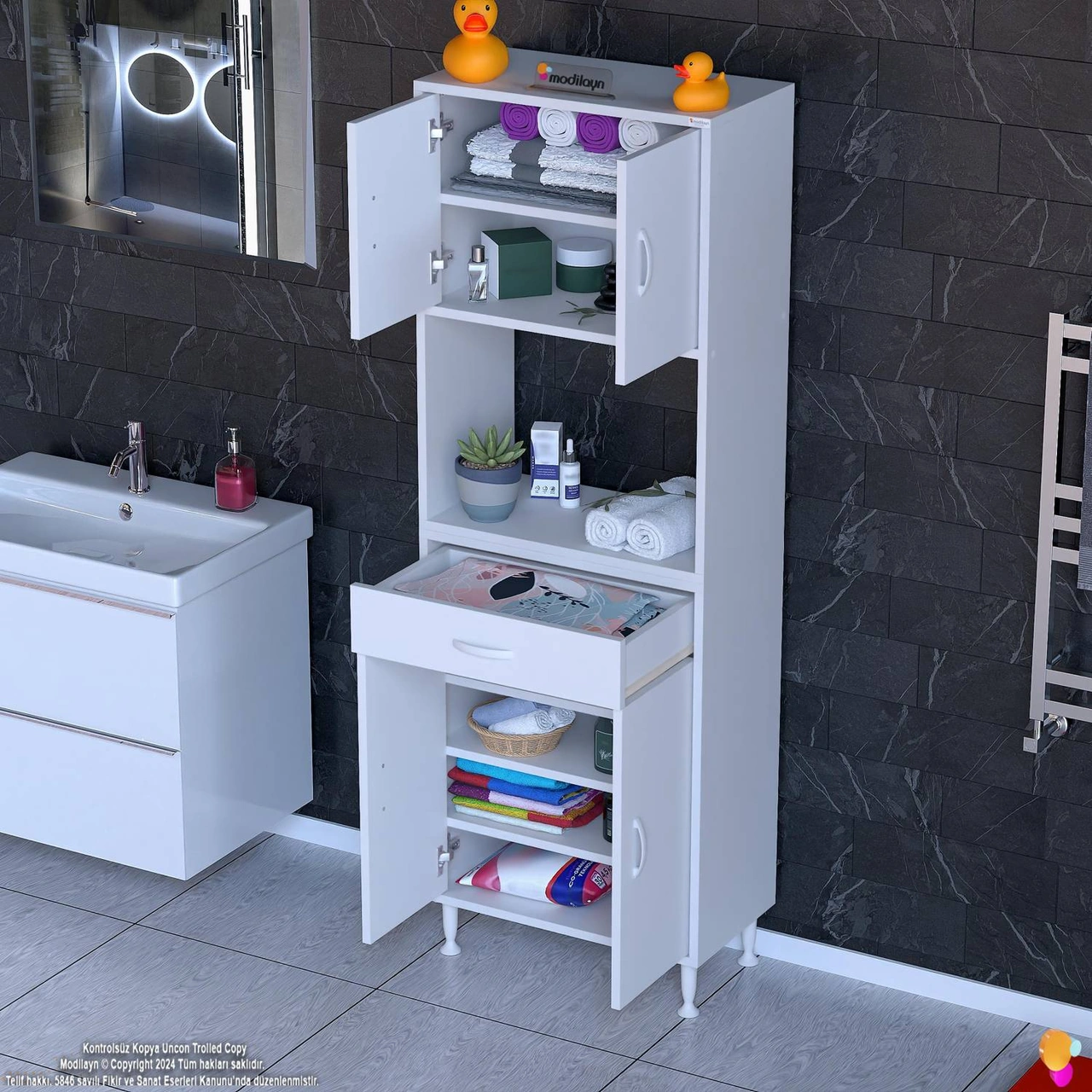 Azra Mutfak Ve Banyo Dolabı Tek Çekmece 4 Kapak Ve 7 Raflı Çok Amaçlı Dolap 65x173x32,5 Cm Beyaz