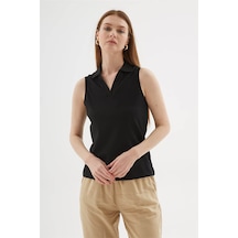 Fashion Friends Polo V Yaka Siyah Kadın Kolsuz T-shirt 26y0516k1