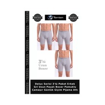 Terrien Delux Serisi 3'lü Paket Erkek Gri Uzun Paçalı Boxer Pamuklu Çamaşır Günlük Giyim Pijama Altı