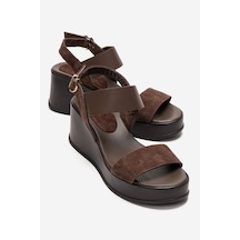 Luvishoes Lolanthe Kahverengi Cilt/kahverengi Süet Hakiki Deri Kadın Dolgu Topuklu Sandalet