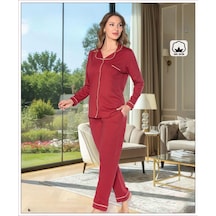 Melodi Kadın %100 Pamuk Önden Düğmeli Uzun Kol Baharlık Pijama Takımı 16220- 1 Adet Bordo