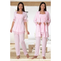 Effortt Dvina Lohusa Hamile Sabahlıklı Dantel Detaylı Ve Kısa Kollu Pijama Takımı -3'lü Set- Pembe Pembe