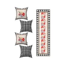 Siyah Beyaz Kareli Çiçek Desenli 4'lü Kırlent Kılıfı 1 Runner Seti 4kmbs270 Rs Siyah