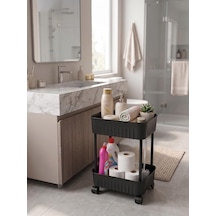 2 Katlı Tekerlekli Organizer Sepet, 28x17 Cm, Beyaz/antrasit Gri, Banyo Ve Mutfak Organizeri Antrasit Açık Siyah